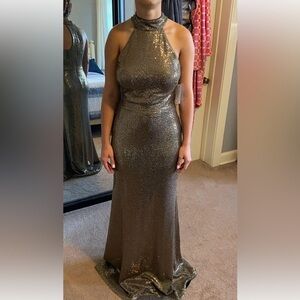 Betsy & Adam Shimmering Gold Halter Dress